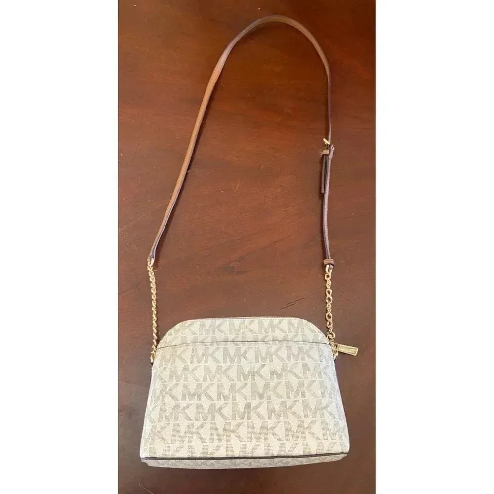 Michael Kors Dome Crossbody Bag Signature Logo Brown Leather Strap Gold Details